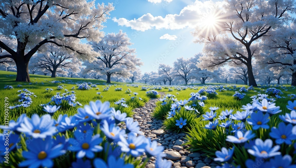 Fototapeta premium Stone path winding through blue flowers and white trees in sunny meadow