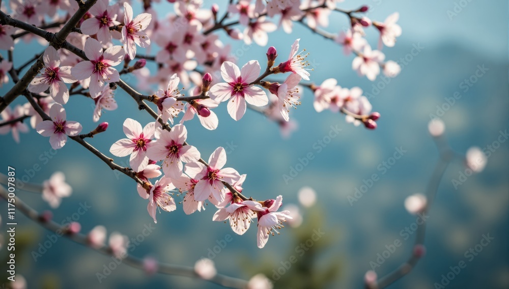 Blooming almond tree branch with pink flowers in spring Blooming almond tree branch with pink flowers in spring