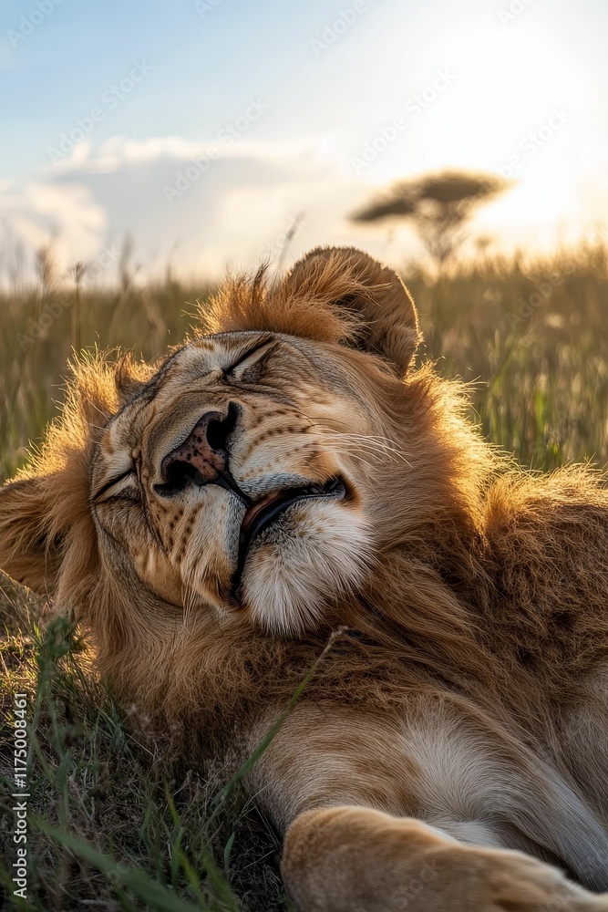 Naklejka premium Golden lion sleeping, grassland sunset.