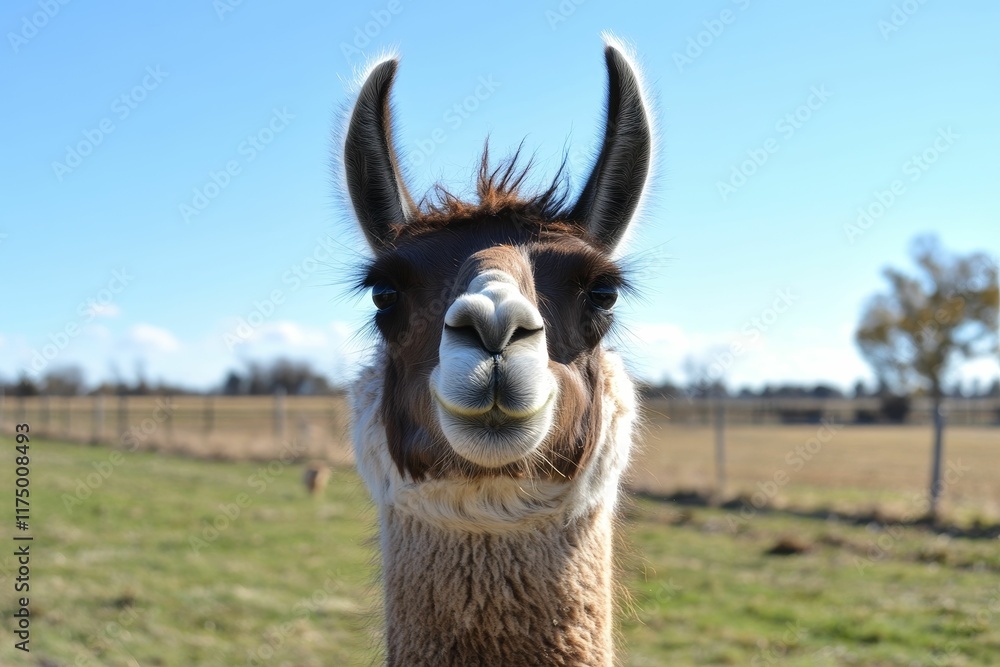 Obraz premium Brown camelid stares, sunny pasture background.