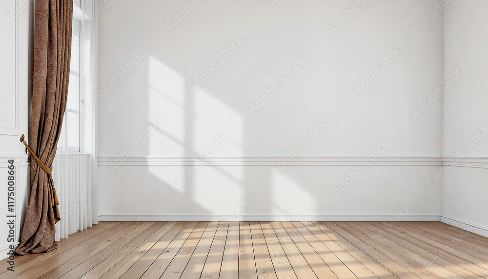 The background of the stock shot is a 3D model of an empty white room with a wooden floor, brown drapes, and a white window The background of the stock shot is a 3D model of an empty white room with a wooden floor, brown drapes, and a white window
