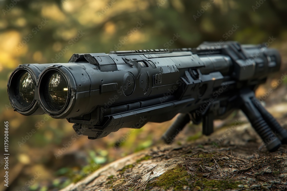 Detailed view of a futuristic weapon resting on a mossy log in a forested area Detailed view of a futuristic weapon resting on a mossy log in a forested area