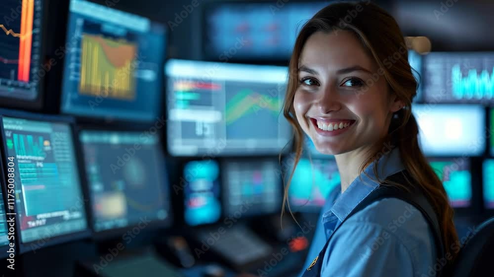 Professional Woman Analyzing Data on Multiple Screens in a Modern Trading Room. Professional Woman Analyzing Data on Multiple Screens in a Modern Trading Room.