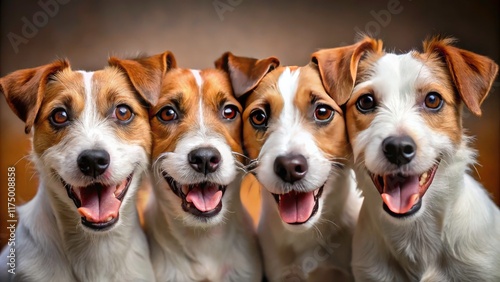 Adorable Jack Russell pups: four fluffy faces, a candid close-up. photo