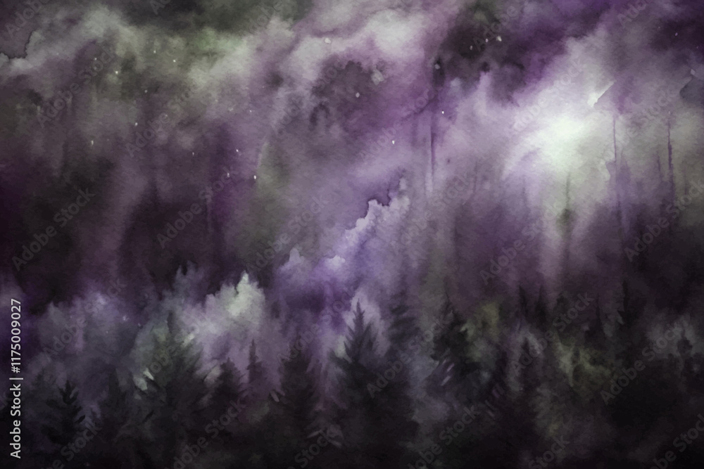 Naklejka premium Abstract watercolor landscape, purple hues, dreamy forest silhouette, ethereal atmosphere, artistic background, nature-inspired design.