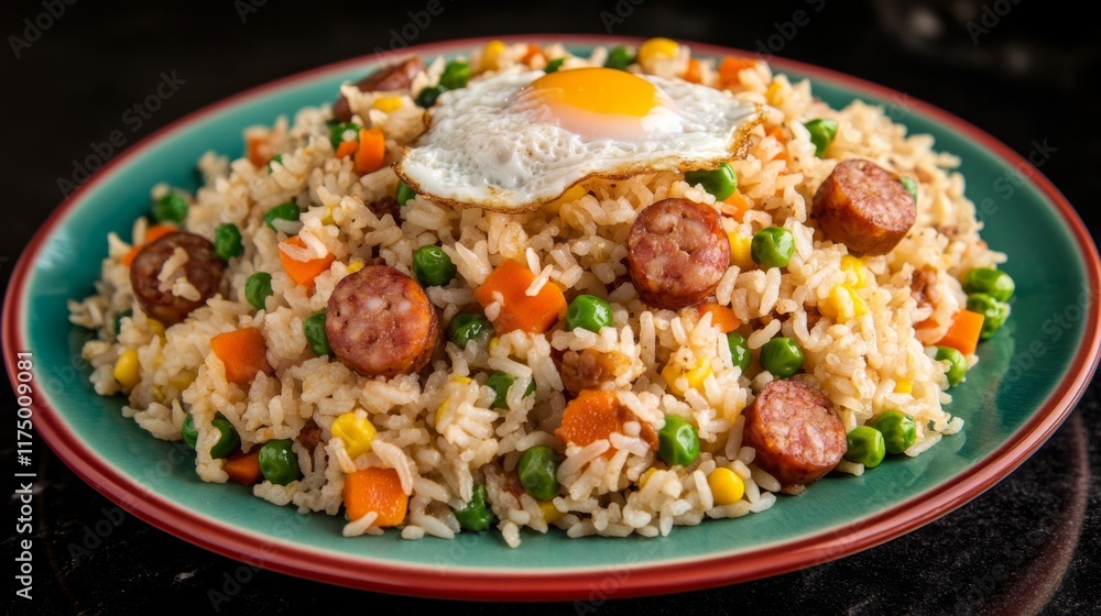 A plate of American fried rice with diced sausages, peas, and carrots, topped with a fried egg, sitting on a vibrant ceramic plate with soft lighting A plate of American fried rice with diced sausages, peas, and carrots, topped with a fried egg, sitting on a vibrant ceramic plate with soft lighting