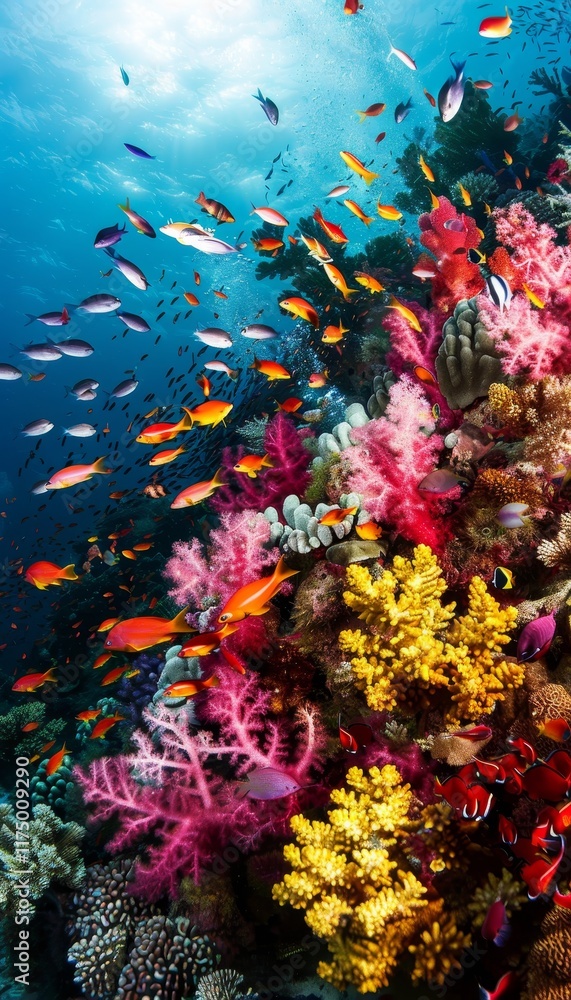 A vibrant underwater coral reef teeming with diverse marine life and oceanic beauty A vibrant underwater coral reef teeming with diverse marine life and oceanic beauty