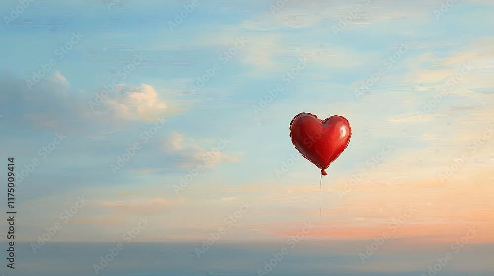 Obraz premium A red heart balloon with a satin finish gliding in front of a pale blue horizon with light clouds