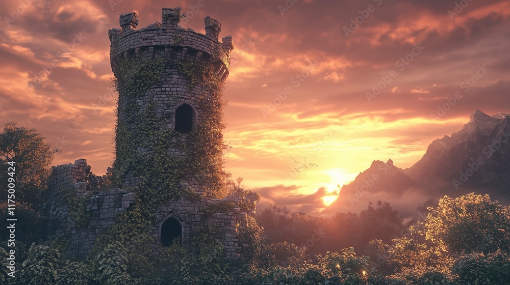 An ancient crumbling castle tower overgrown with ivy, set against a dramatic sunset sky, evoking history and mystery in a picturesque ruin. An ancient crumbling castle tower overgrown with ivy, set against a dramatic sunset sky, evoking history and mystery in a picturesque ruin.