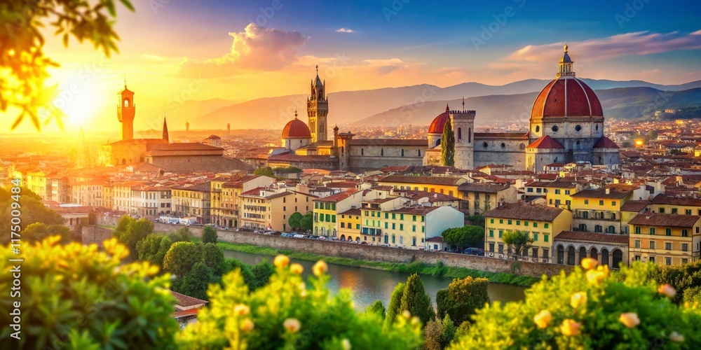 Fototapeta premium Panoramic Florence Sunrise: Sunny Summer Morning Bokeh Cityscape
