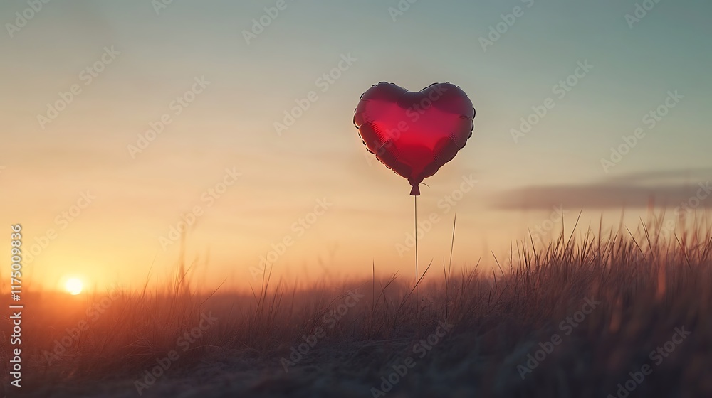 Fototapeta premium A single Valentine day balloon in the shape of a heart floating delicately in a clear morning sky