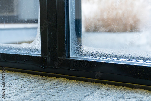 Close up of double glazed window door condensation causes by excessive moisture in the house in winter occurs when the seal between panes is broken or desiccant inside the window.