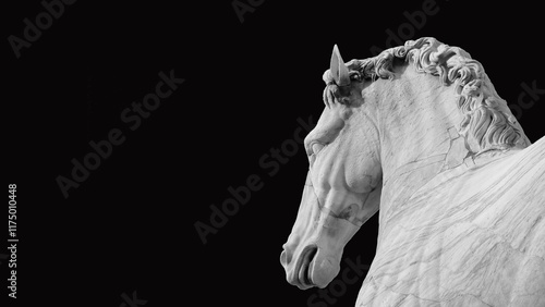 Ancient roman marble statue of an horse at the top of Capitoline Hill in Rome, dated back to the 1st century BC (Isolated on black background with copy space)