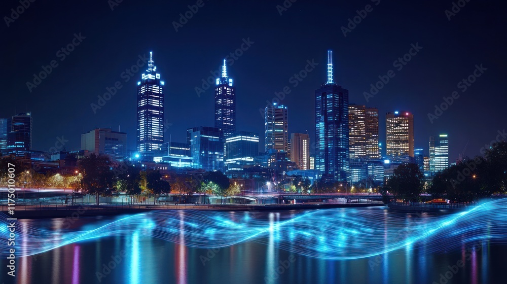 Fototapeta premium Night Metropolis: Illuminated Cityscape with Vibrant River Reflections