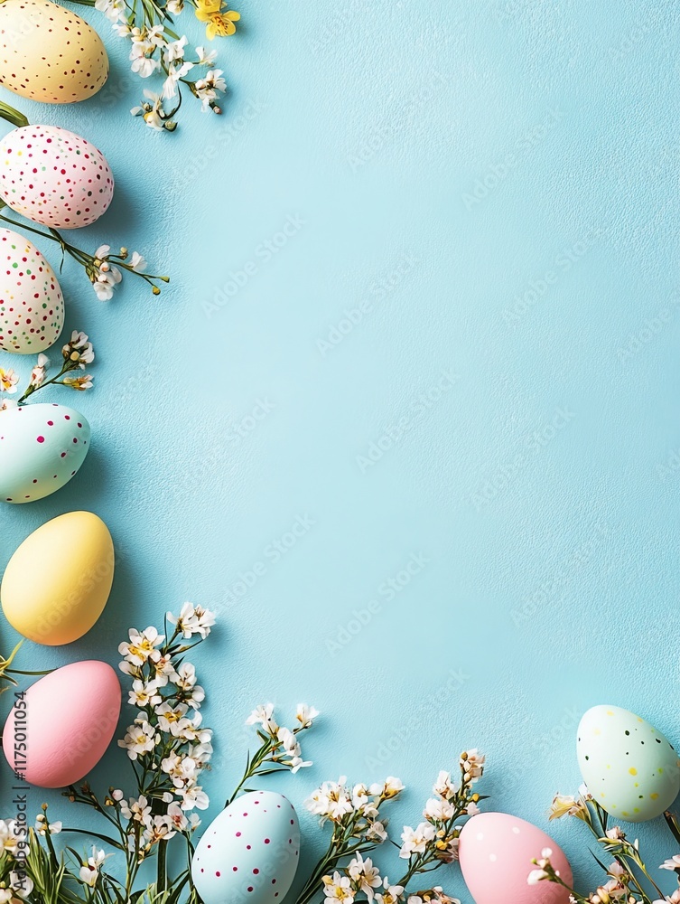 Easter eggs and spring flowers creating a beautiful festive composition on light blue background