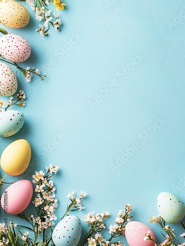 Obraz na płótnie Easter eggs and spring flowers creating a beautiful festive composition on light blue background w salonie