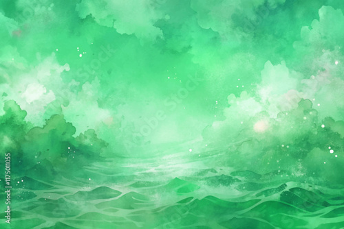 Green watercolor background, soft clouds, tranquil ocean waves, serene atmosphere, nature-inspired design, calming visuals.