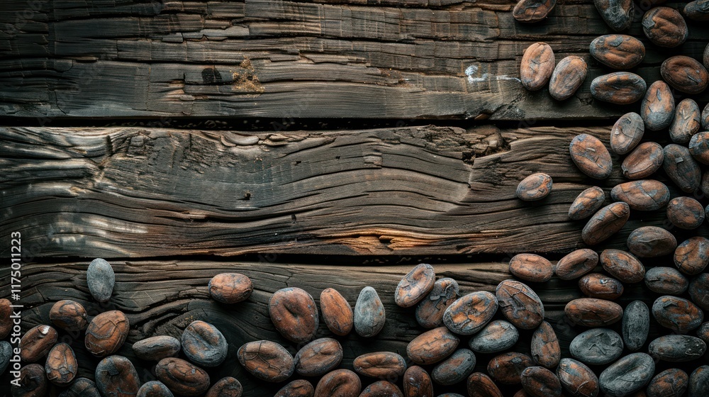Cocoa beans on farm wood background, AI generated image Cocoa beans on farm wood background, AI generated image