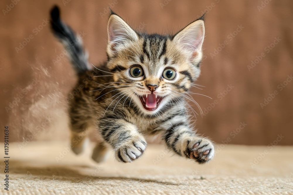 Playful tabby kitten mid-leap, open mouth. Playful tabby kitten mid-leap, open mouth.
