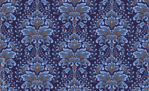 Damask seamless pattern background. Vector classical luxury old fashioned damask ornament, royal Victorian seamless texture. Vintage exquisite floral baroque template.