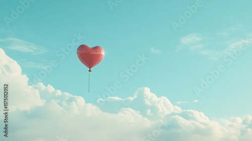 A single Valentine day heart balloon floating serenely in a pale blue sky filled with soft clouds photo