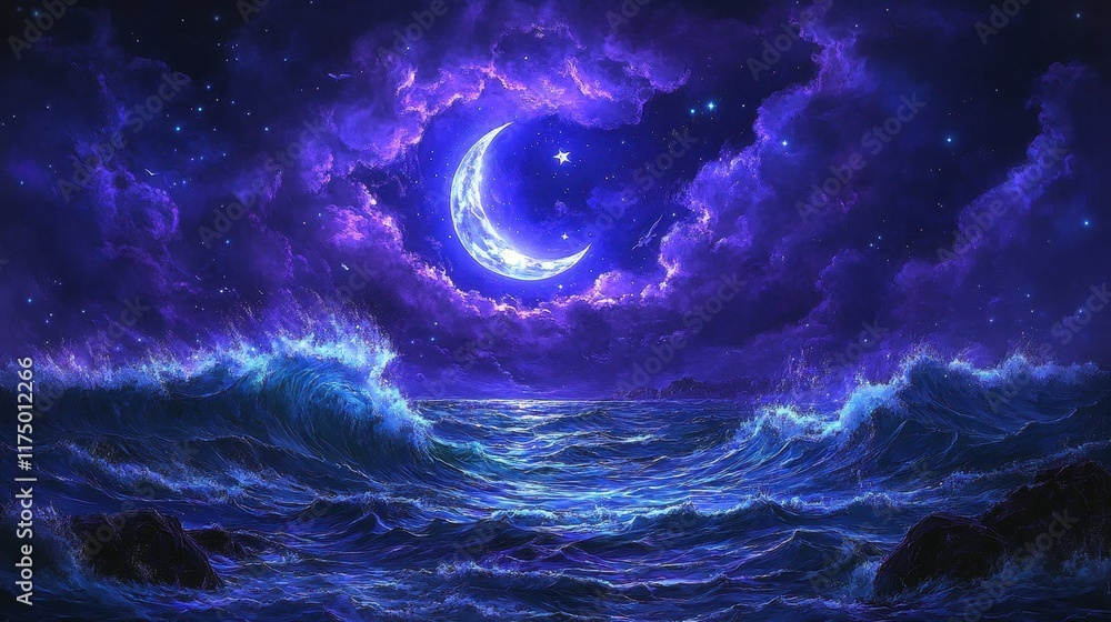 A mesmerizing crescent moon hangs over a vibrant ocean under a starry night sky. Perfect for fantasy art lovers seeking a touch of magic. A mesmerizing crescent moon hangs over a vibrant ocean under a starry night sky. Perfect for fantasy art lovers seeking a touch of magic.