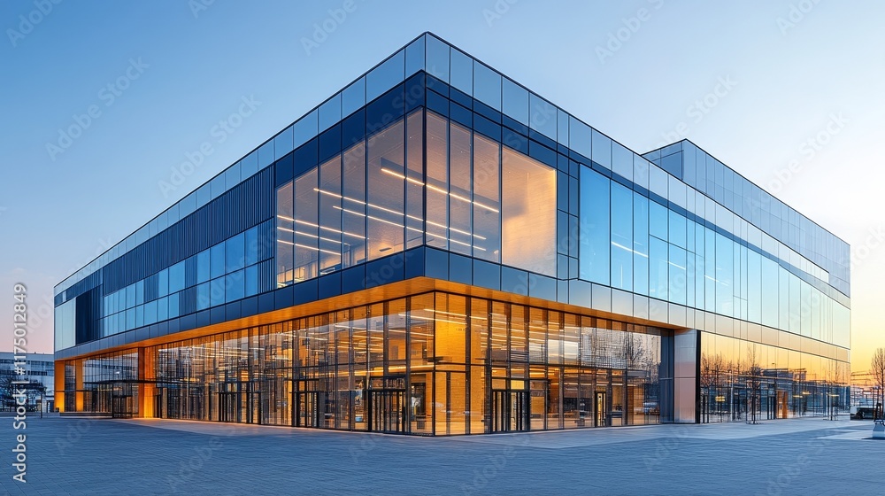 Modern commercial building with large glass facades and multiple entrances, surrounded by paved floors and a simple sky background, designed in a contemporary architectural style Modern commercial building with large glass facades and multiple entrances, surrounded by paved floors and a simple sky background, designed in a contemporary architectural style
