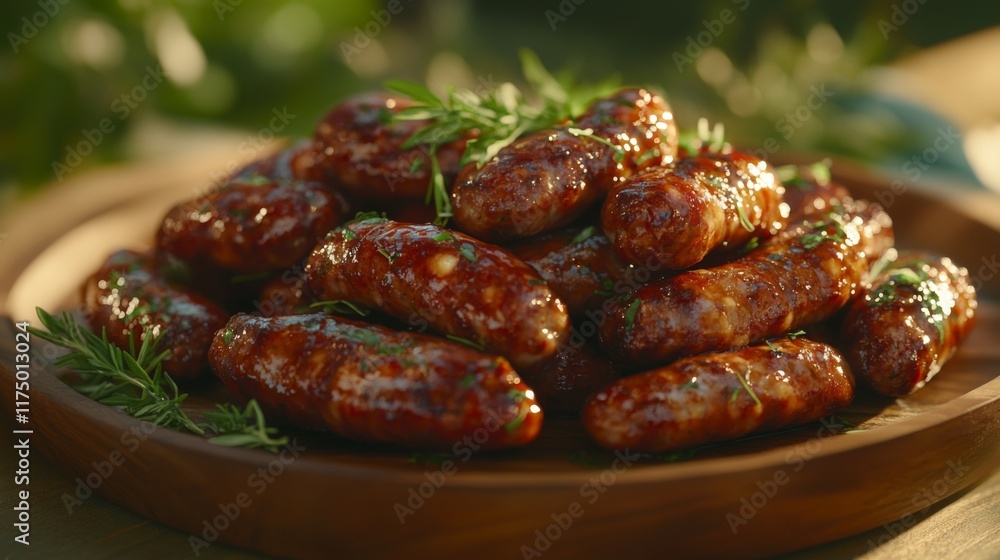 A plate of golden-brown sausages, with crispy edges, arranged neatly on a wooden board, garnished with fresh herbs, and lit by soft natural light A plate of golden-brown sausages, with crispy edges, arranged neatly on a wooden board, garnished with fresh herbs, and lit by soft natural light