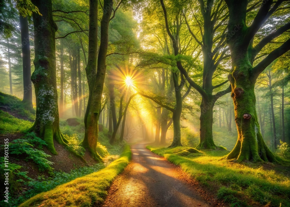 Fototapeta premium Panoramic Landscape: Mysterious Forest Path at Dawn