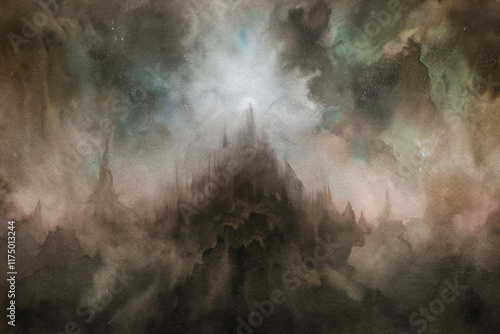 Ethereal landscape painting, mystical mountain silhouette, dramatic clouds, soft color gradients, abstract art style.