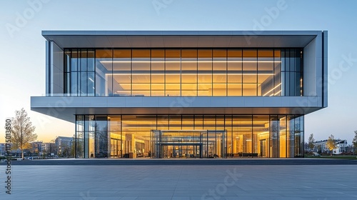 Modern commercial building with large glass facades and multiple entrances, surrounded by paved floors and a simple sky background, designed in a contemporary architectural style photo