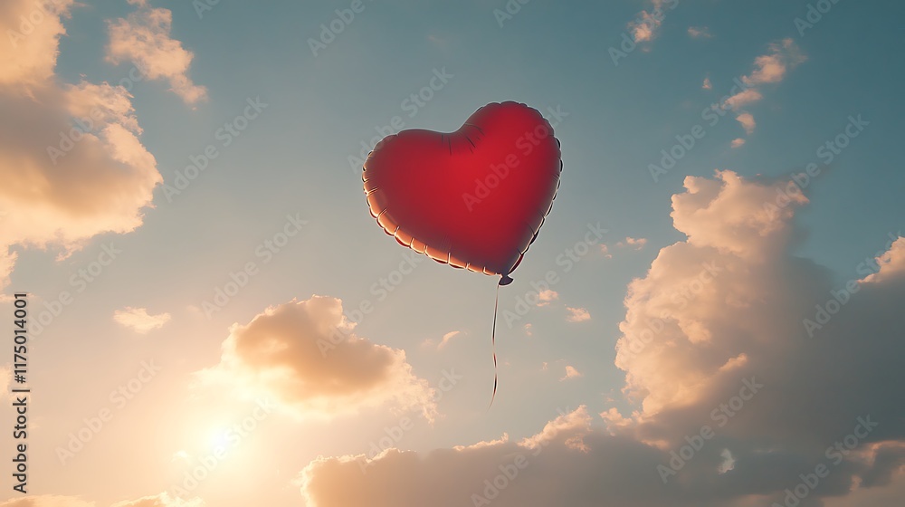 Fototapeta premium A vibrant red Valentine day heart balloon soaring gracefully against a backdrop of light clouds