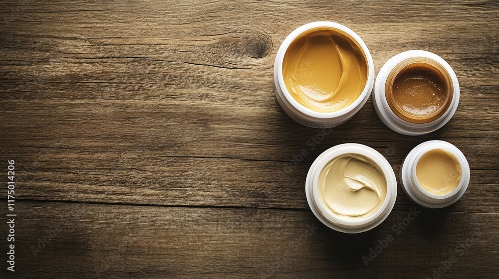 Four small jars of cosmetic creams in different shades of beige and brown, on a wooden background. Four small jars of cosmetic creams in different shades of beige and brown, on a wooden background.