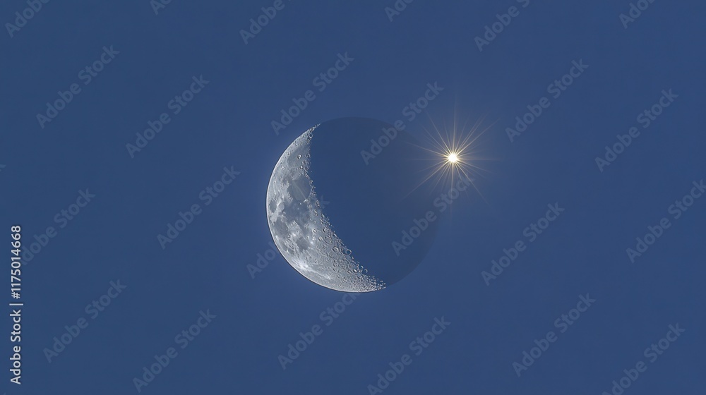 A crescent moon shines brightly against a deep blue sky with the sun peeking from behind. Ideal for space, astronomy, or nature-themed projects. A crescent moon shines brightly against a deep blue sky with the sun peeking from behind. Ideal for space, astronomy, or nature-themed projects.
