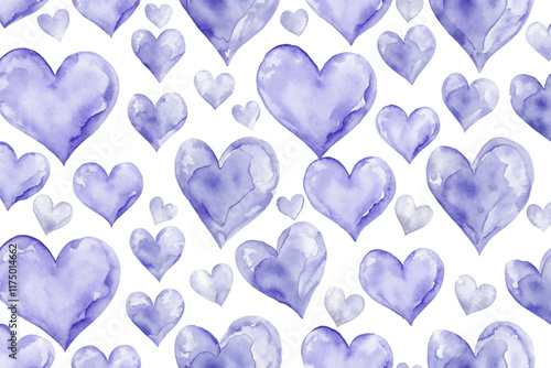 Watercolor heart pattern, purple shades, romantic design, seamless background, artistic texture, love theme.