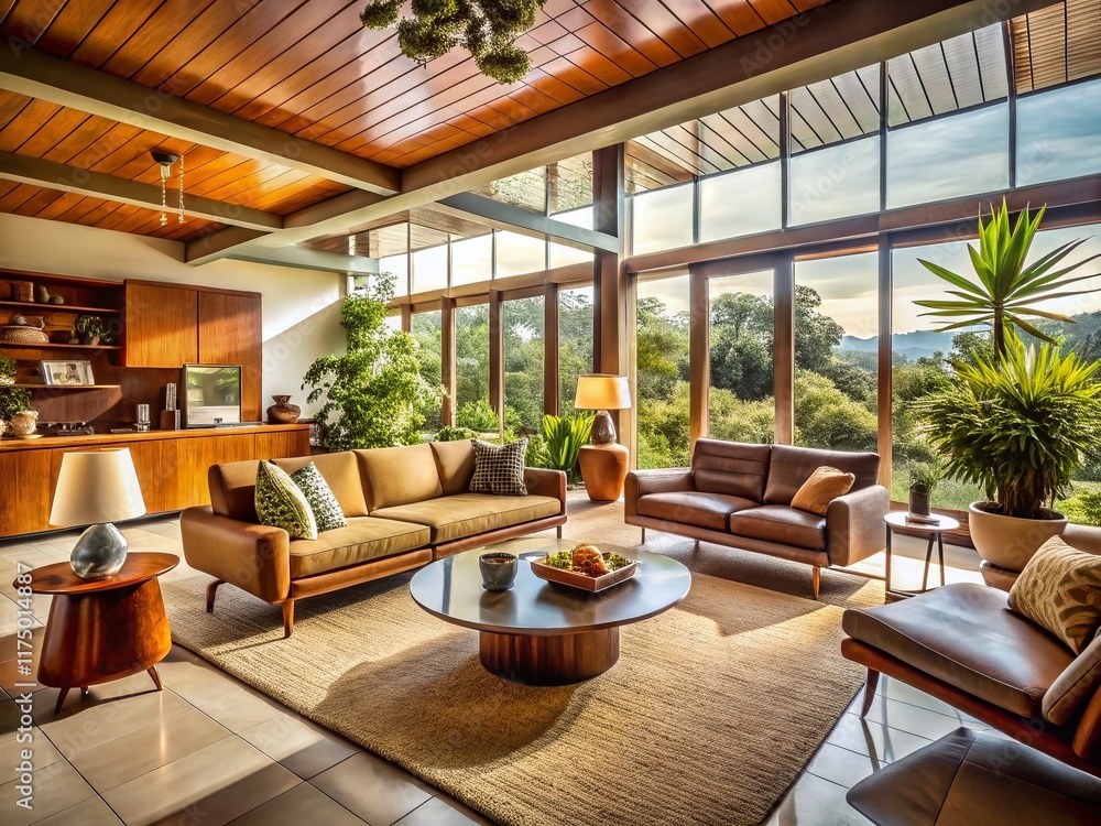 Naklejka premium Panoramic Mid Century Modern Living Room Interior Design Stock Photo