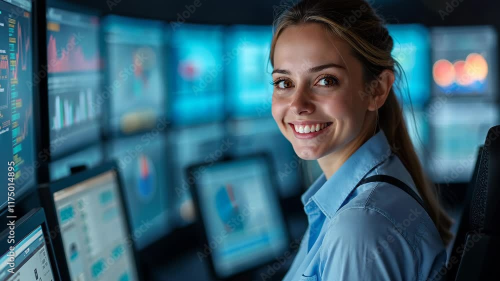 Smiling Woman Working in a High-Tech Control Room With Multiple Screens Displaying Data and Charts. Smiling Woman Working in a High-Tech Control Room With Multiple Screens Displaying Data and Charts.
