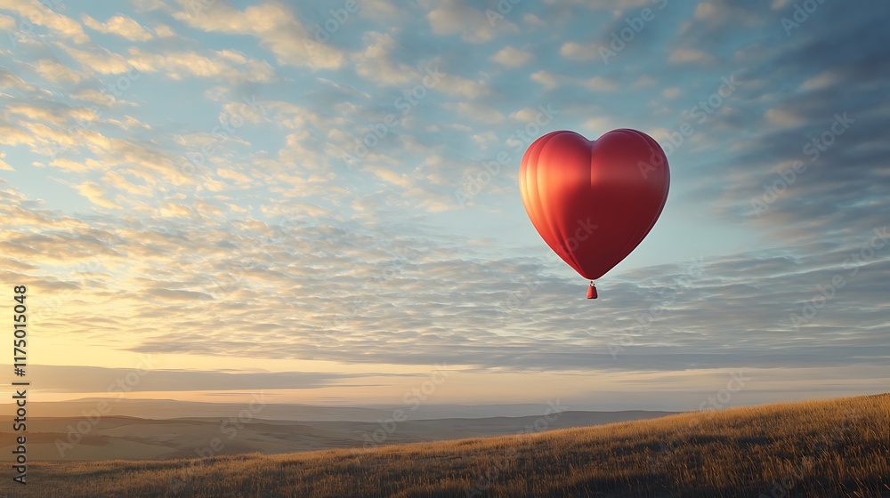 Fototapeta premium A single shiny red Valentine day balloon rising gracefully in a calm morning sky filled with soft clouds