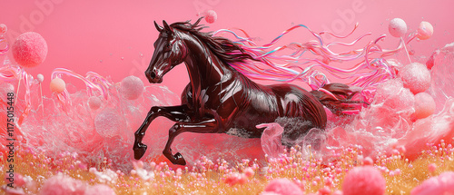 A majestic chocolate horse galloping across a candy-coated field, crafted from smooth dark chocolate with caramel highlights photo