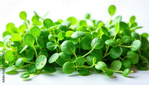 Assorted colorful microgreens on white backdrop, showcasing freshness , sustainable, food photography, healthy eating