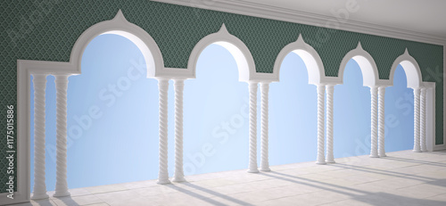 A long colonnade in Arabic style, walls made of a green pattern on a blue sky background. 3D Render.