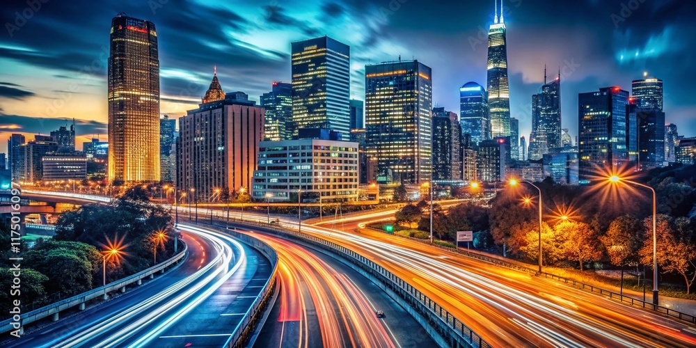 Naklejka premium Panoramic Night Cityscape: Vibrant Light Trails & Speeding Cars