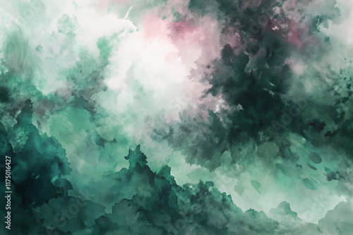 Abstract watercolor background, soft green hues, ethereal clouds, artistic texture, calming atmosphere, versatile design.