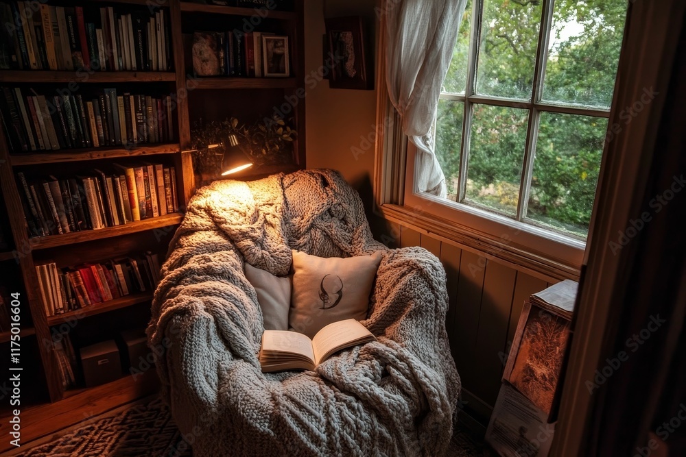 Cozy reading nook, bookshelves, open book, soft blanket. Cozy reading nook, bookshelves, open book, soft blanket.