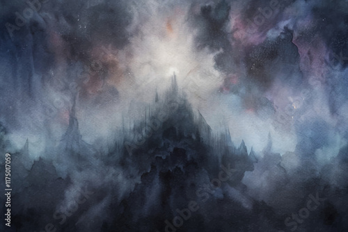 Dark fantasy landscape, mystical atmosphere, ethereal light, watercolor style, dramatic clouds, surreal scenery.