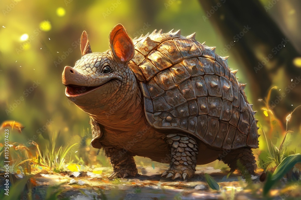 Fototapeta premium Smiling armored creature, woodland setting, happy.