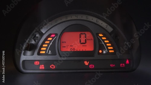Close-up of digital car dashboard. Digital speedometer, gasoline and temperature gauge