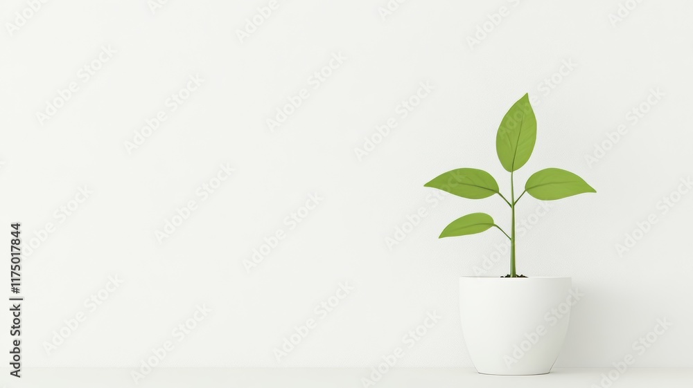A minimalist depiction of a single green seedling growing from a white ceramic pot, placed on a plain white background A minimalist depiction of a single green seedling growing from a white ceramic pot, placed on a plain white background