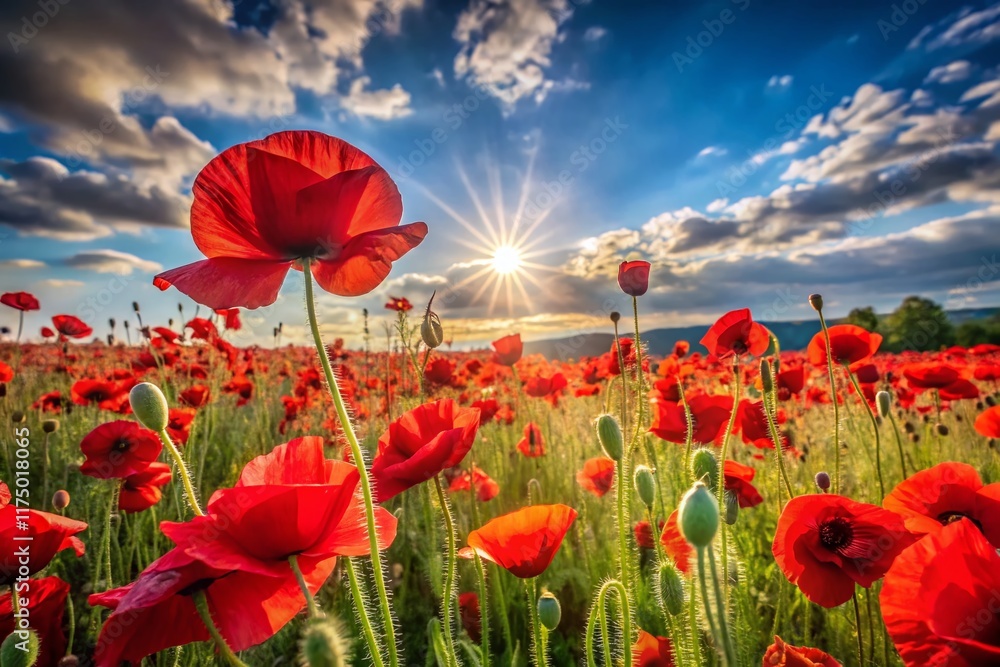 Obraz premium Panoramic Poppy Field Landscape, Vibrant Red Flowers, Summer Meadow