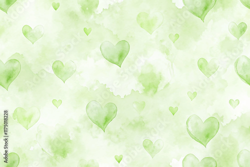Soft green watercolor background, heart shapes, romantic design, seamless pattern, ideal for invitations, love themes.